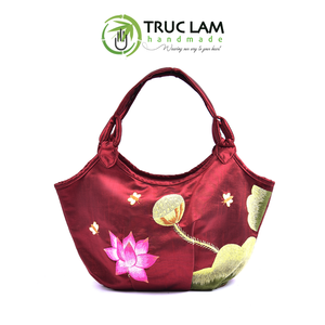 Sac en taffetas avec fond plissé ovale, ouverture incurvée, motifs lotus et abeilles cousus à la main, sac de voyage fait main, prix de gros - Product Image 4
