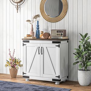 Distressed White Brown Oak <b>Kitchen</b> <b>Sideboard</b> Adjustable Shelf Buffet <b>Cabinet</b> with Barn Door for Villa Farmhouse Living Room - Product Image 2