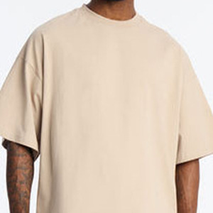 Camiseta de Algodón Grueso Beige para Hombre al por Mayor, Corte Oversize Holgado, Cuello Redondo, Estilo Urbano, Fabricante OEM ODM Marca Privada USA - Product Image 2