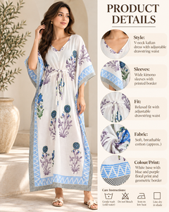 White Printed <b>Bohemian</b> Kaftan for Women Blue Geometric Trim Purple Floral Motifs V Neck <b>Maxi</b> <b>Dress</b> 100% Cotton Breathable - Product Image 4