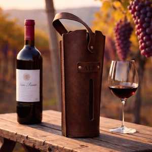 Vintage Handcrafted Genuine Leather Wine Holder Classic Single Bottle Carrier Tote Premium Leather Gift Sleeve LEB-0097 - Product Image 4