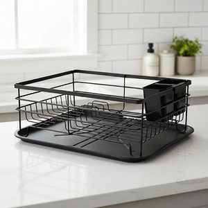 Égouttoir à vaisselle en métal noir à un niveau avec bac de drainage et porte-couverts, organisateur de comptoir de cuisine - Product Image 1