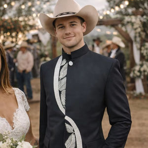 Traje de Diseño Indo Occidental Negro para Hombre - Blazer Moderno con Bordado de Hojas para Bodas y Fiestas - Product Image 1