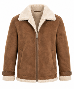 Men's Genuine Leather Shearling Bomber Jacket Fur Collar Windproof Winter Solid Streetwear Cotton <b>Lined</b> Zip up Outerwear - Product Image 1