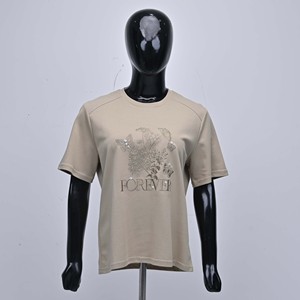 Women Beige Crew Neck Short Sleeve Cotton <b>T</b> <b>Shirt</b> Regular Fit Casual Digital Floral <b>Sequin</b> Embroidery Jersey 220g Spring Summer - Product Image 1