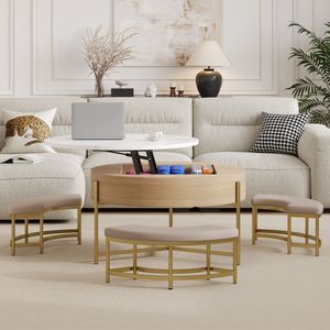 Modern <b>Round</b> Lift Top Coffee <b>Table</b> with Storage 3 <b>White</b> and Natural Ottoman <b>White</b> and Natural Color - Product Image 2