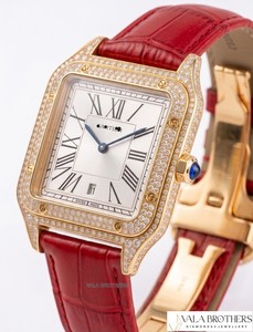 Cartierr Women's Yellow Gold Diamond Rectangle Analog Quartz <b>Watch</b> with Red Leather Strap and Sapphire Crystal Dial - Product Image 1