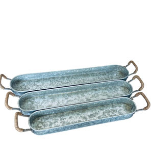 Juego de 3 bandejas de servir de metal galvanizado estilo rústico con asas de cuerda, bandejas decorativas ovaladas para decoración del hogar y centros de mesa para bodas - Product Image 1