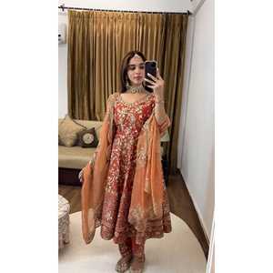 Robes de soirée orange de créateur SSR, robe élégante pour les fêtes avec bas et dupatta, taille M, 1,1 kg - Product Image 3