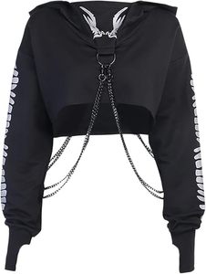 Sweat-shirt court à capuche gothique avec broderie chaîne et imprimé crâne, manches longues, grande taille, haut d'automne pour femme - Product Image 5