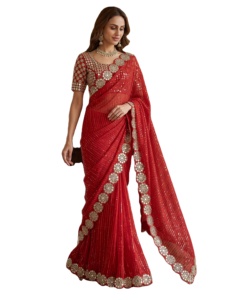 ส่าหรีอินเดียแบบดั้งเดิมสำหรับงานเทศกาล ผ้าจอร์เจตต์เทียม ประดับเลื่อม ปักลาย พร้อมกระจกแท้ ส่าหรีงานแต่งงาน - Product Image 2