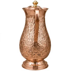 Carafe à eau en cuivre artisanale avec couvercle, design vintage, vaisselle décorative, grande capacité, poignée, récipient ayurvédique bien-être, luxe - Product Image 3