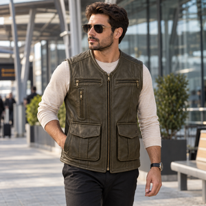 Chalecos de Cuero para Hombre con Múltiples Bolsillos y Estilo Utilitario |   Gris Oliva, Borgoña, Marrón Coñac |   Fabricante OEM ODM |   Diseño de Calidad Premium - Product Image 6
