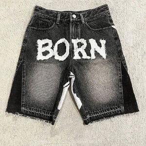 Customized Raw Hem Applique Embroidery Patches Logo Shorts for <b>Men</b> Streetwear Distressed Baggy Black Washed Denim <b>Jeans</b> Shorts - Product Image 1
