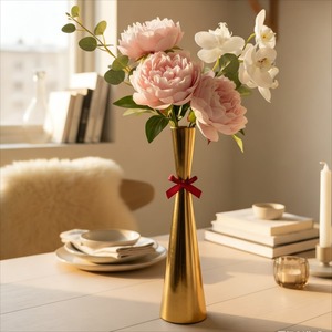 Modern Bronze Handmade Tabletop Vase <b>Red</b> <b>Bow</b> Pink Peonies White Orchids Decorative Flower Arrangement for Housewarming - Product Image 1