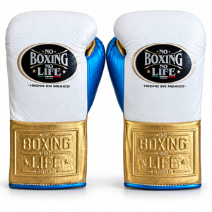 Guantes de Entrenamiento de Cuero 'No Boxing No Life' Blancos, Azules y Dorados con Cordones y Muñequera Ajustable para Adultos, Equipo de Boxeo - Product Image 4