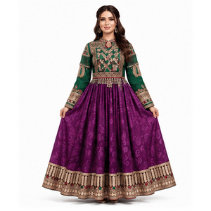 Robe Kurta Traditionnelle en Soie Violette avec Broderie Dorée pour Femme, Tenue Ethnique de Mariage, Longueur au Sol, Style Indien, Pakistanais et Afghane - Product Image 1