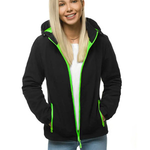 Women's <b>Black</b> <b>Fleece</b> <b>Jacket</b> With Neon Green Zipper Hooded Full Sleeve Autumn Wear Windproof Regular Fit - Product Image 1