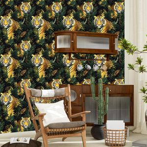 Papel Tapiz Autoadhesivo con Diseño de Tigre, Papel de Contacto con Hojas Verdes Vintage, Mural de Pared con Animales Tropicales, Vinilo Autoadhesivo Impermeable para el Hogar - Product Image 5