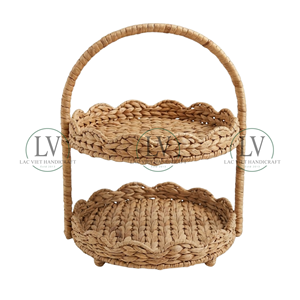 Sustainable 2 Tier Water Hyacinth Scalloped Tray, <b>Rustic</b> <b>Decorative</b> Stand with Handle, Versatile <b>Home</b> Organizer from Vietnam - Product Image 1