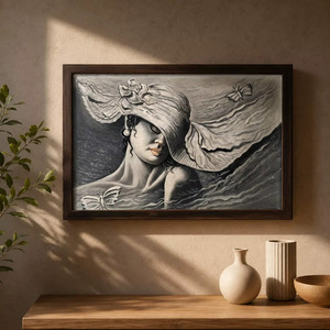 Toile d'art monochrome peinte à la main, portrait de femme avec chapeau fluide et papillons, peinture à l'huile classique, cadre en bois, décoration intérieure - Product Image 3