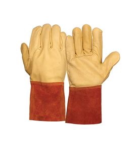 Leather Welding <b>Gloves</b> With Fleece Lining Red Cuff Straight Thumb <b>Type</b> B MIG TIG Use - Product Image 1