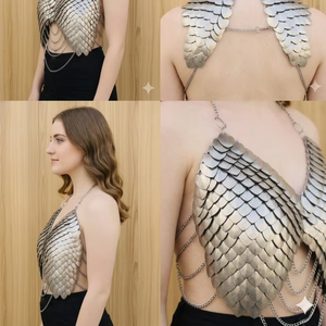 เสื้อครอปท็อปเกราะเมดิวัลแบบแฮนด์เมดลายเกล็ดมังกร สีเงิน พร้อมสายโซ่โลหะสำหรับคอสเพลย์ งานเทศกาล และงานเรฟ - Product Image 3