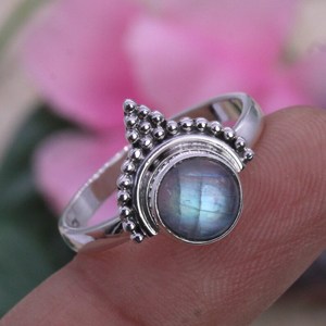 Labradorite <b>Ring</b> Round 925 Sterling <b>Silver</b> <b>Adjustable</b> Wide Band Jewellery Gift/ <b>Silver</b> <b>Ring</b> Gift For Her - Product Image 1
