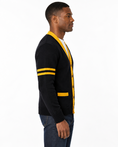 Cardigan en tricot noir et jaune à col en V pour homme, manches longues, boutons sur le devant, style décontracté universitaire, marque privée, vente en gros - Product Image 5