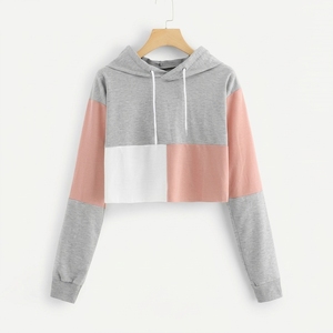 Sudadera Corta con Capucha para Mujer, Diseño Color Block, Manga Larga, Gris, Rosa, Blanco, Tejida, Informal, para Otoño - Product Image 1