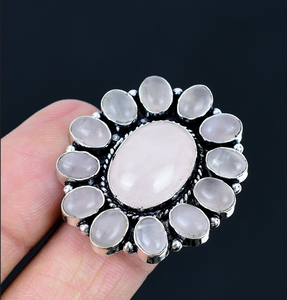 <b>Rose</b> Quartz Gemstone Half Flower Shape Antique Silver Plated Traditional Ring Special Jewelry Gift for Mom Floral Design - Product Image 2