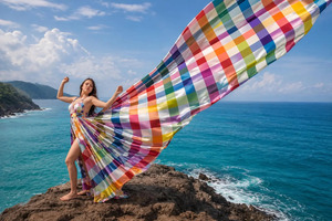 Vestido de satén maxi de lujo multicolor con estampado de cuadros arcoíris para sesiones de fotos en la playa, vestido de noche premium a rayas coloridas - Product Image 4