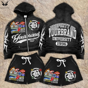 Sudadera con capucha vintage desgastada con efecto ácido y pantalones cortos personalizados OEM, conjunto de sudadera con capucha con cremallera completa y pantalones cortos con estampado en relieve para hombre - Product Image 6