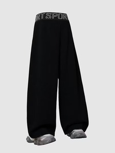 Pantalon de survêtement sport noir premium à jambe large, coupe évasée, avec logo personnalisé, rayures, style décontracté ample et empilé - Product Image 2