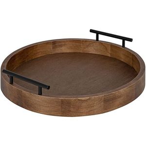 Modern <b>Round</b> Wood Serving <b>Tray</b> with Black Metal Handles - Large Acacia Coffee <b>Table</b> Decor <b>Tray</b> for Ottoman & Living Room <b>Trays</b> - Product Image 1