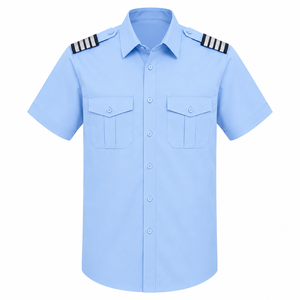 Camisa de Uniforme Unisex Azul Cielo de Poliéster/Algodón de Manga Corta con Rayas en los Hombros, Bolsillos en el Pecho, Detección de Agujas y Fusión Sin Costuras - Product Image 1
