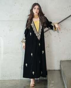 Elegant Black Velvet Abaya With Gold Embroidery V Neck Long Sleeve Floor Length Middle Eastern Wedding Dress For Women - Product Image 2