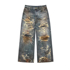 Jeans personnalisés en gros pour hommes, style streetwear hip-hop, à ourlet brut, effet délavé soleil, coupe ample, droite et large - Product Image 1