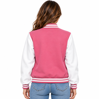 Veste de baseball personnalisée pour femme, rose et blanche, style varsity, fermeture à boutons pression, col et poignets côtelés rayés