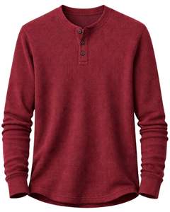 T-shirt thermique à manches longues pour homme, col Henley, en tissu gaufré, couleur bordeaux, décontracté, avec boutons, pour l'hiver, en coton, coupe ajustée, respirant - Product Image 2