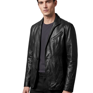 Chaqueta de Cuero Genuino Negra para Hombre, Estilo Slim Fit, Cierre de un Solo Botón, Estilo Motociclista - Product Image 5