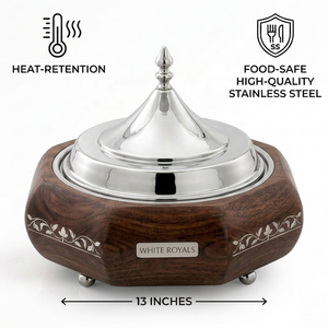 Sovereign Pearl Inlaid Hardwood Buffet Casserole Dish Set with Finial Topped Stainless Steel <b>Lid</b> Luxury Gulf Catering Hotpot - Product Image 4