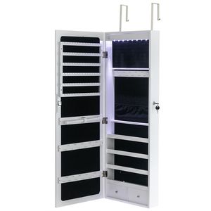 Armadietto da Parete in Legno Bianco a 4 Ripiani con 2 Cassetti e 8 Luci LED Blu, Non Completamente a Specchio, per Conservazione Gioielli - Product Image 4