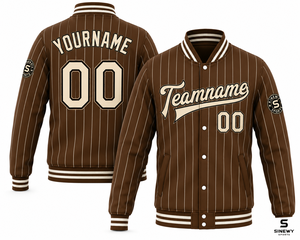 Chaqueta Varsity a Rayas Marrones para Hombre SINEWY SPORTS, Nombre y Número Personalizados con Impresión por Transferencia de Calor, Estilo Deportivo, Ropa de Otoño - Product Image 1