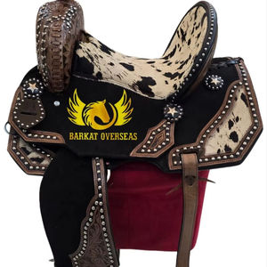 Silla de montar de cuero genuino de vaca occidental de alta calidad, ecológica, con tachuelas plateadas, estructura de madera, cómoda para el jinete y el caballo, duradera. - Product Image 1