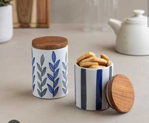 Ceramic Heart Pattern Food <b>Storage</b> <b>Jar</b> With Wooden Lid Airtight <b>Kitchen</b> Container Vintage Design - Product Image 3