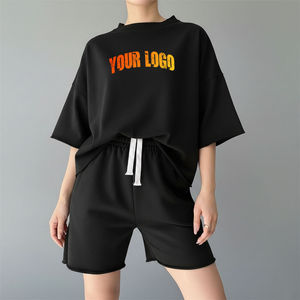 Conjunto de 2 Piezas de Verano para Mujer, Camiseta 100% Algodón, Estilo Urbano, Pantalones Cortos, Logotipo Personalizado, Talla Grande - Product Image 1