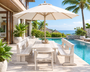 Ensemble table et bancs en bois pour extérieur, mobilier de jardin, de terrasse ou de bord de piscine, avec parasol et sièges - Product Image 2