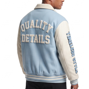 Custom Logo <b>Men</b> Varsity Baseball <b>Jacket</b> Streetwear Turn Down Collar <b>Leather</b> Sleeve Front Wool Varsity Coat <b>Men's</b> - Product Image 2