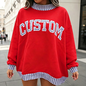 Sweat-shirt tricoté ample personnalisé pour femme, à col montant, manches longues, avec patchwork à carreaux vichy, applique lettre et bordure à carreaux contrastants - Fabricant - Product Image 5